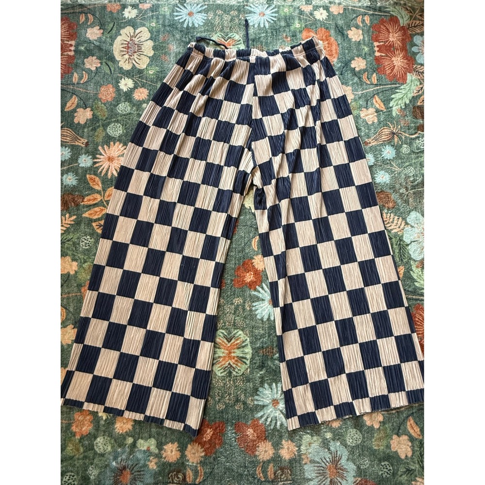 Silence + Noise Checkered Plisse Wide Leg Pants Navy Tan Small Elastic Waist - Picture 14 of 14